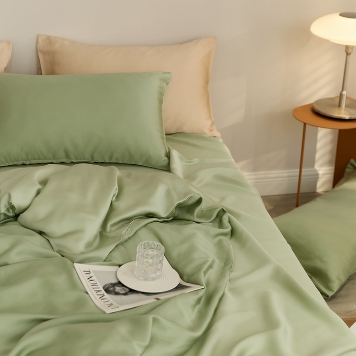 91家纺网 家纺一手货源 找家纺 2025新款A类奥地利进口60支兰精天丝莱赛尔轻奢纯色双拼四件套 香奈儿绿-嫩叶绿