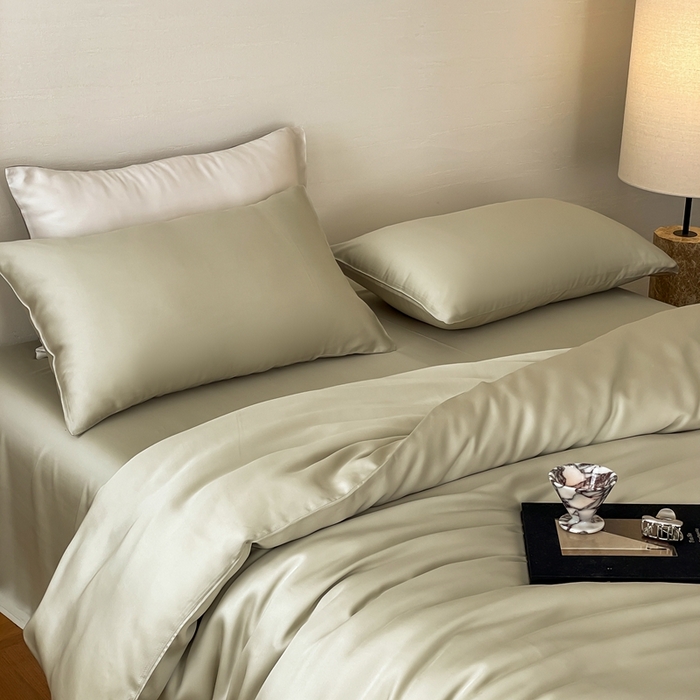 91家纺网 家纺一手货源 找家纺 2025新款A类奥地利进口60支兰精天丝莱赛尔轻奢纯色双拼四件套 烟轻绿