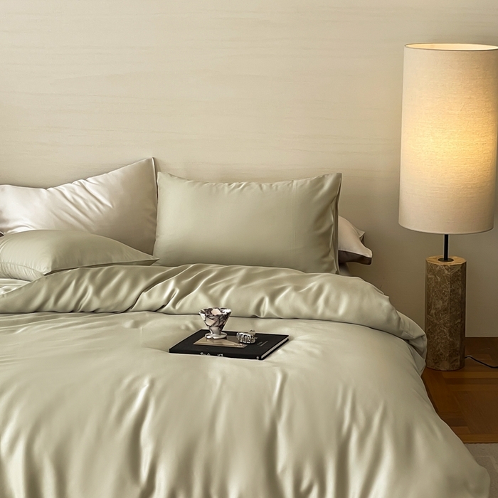 91家纺网 家纺一手货源 找家纺 2025新款A类奥地利进口60支兰精天丝莱赛尔轻奢纯色双拼四件套 烟轻绿