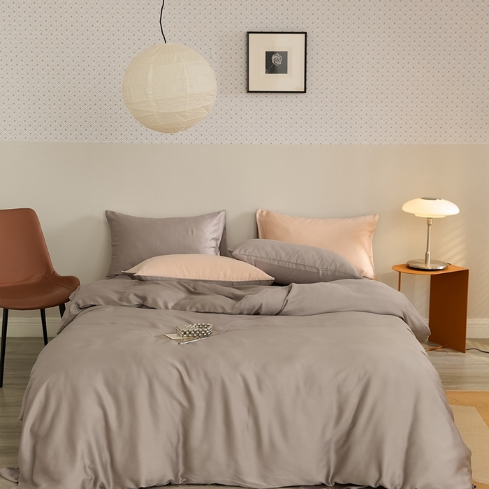 91家纺网 家纺一手货源 找家纺 2025新款A类奥地利进口60支兰精天丝莱赛尔轻奢纯色双拼四件套 岩石灰