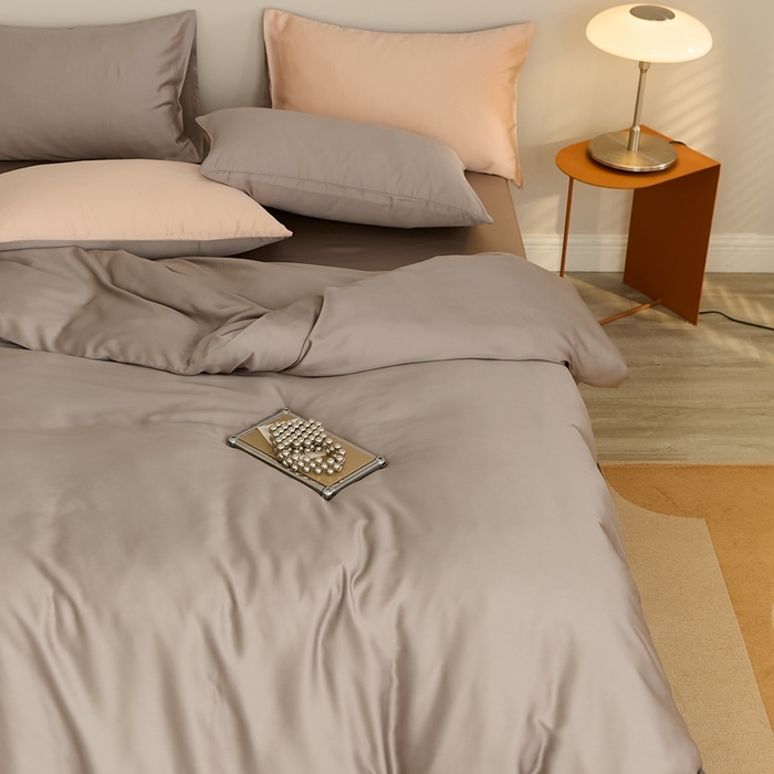 91家纺网 家纺一手货源 找家纺 2025新款A类奥地利进口60支兰精天丝莱赛尔轻奢纯色双拼四件套 岩石灰