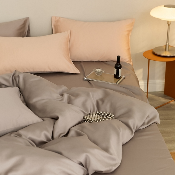 91家纺网 家纺一手货源 找家纺 2025新款A类奥地利进口60支兰精天丝莱赛尔轻奢纯色双拼四件套 岩石灰