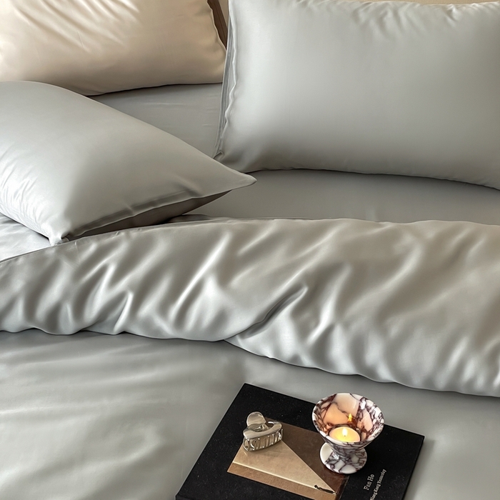 91家纺网 家纺一手货源 找家纺 2025新款A类奥地利进口60支兰精天丝莱赛尔轻奢纯色双拼四件套 云纱灰