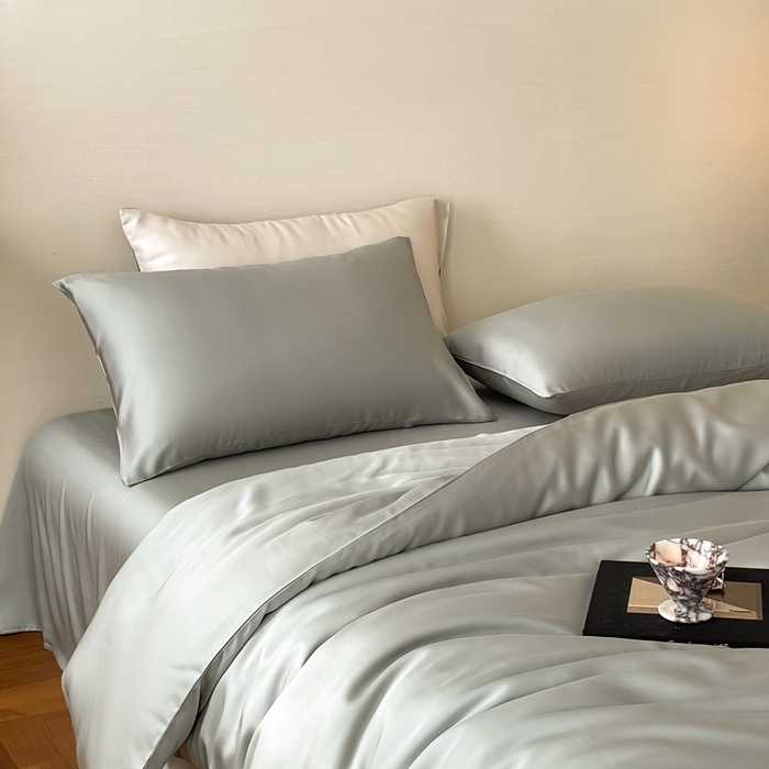 91家纺网 家纺一手货源 找家纺 2025新款A类奥地利进口60支兰精天丝莱赛尔轻奢纯色双拼四件套 云纱灰