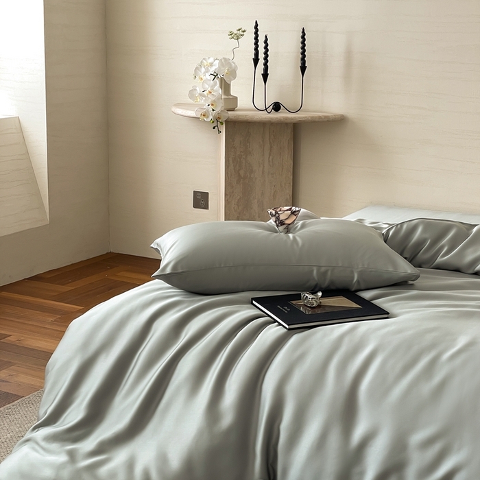 91家纺网 家纺一手货源 找家纺 2025新款A类奥地利进口60支兰精天丝莱赛尔轻奢纯色双拼四件套 云纱灰