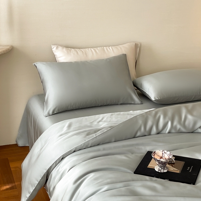 91家纺网 家纺一手货源 找家纺 2025新款A类奥地利进口60支兰精天丝莱赛尔轻奢纯色双拼四件套 云纱灰