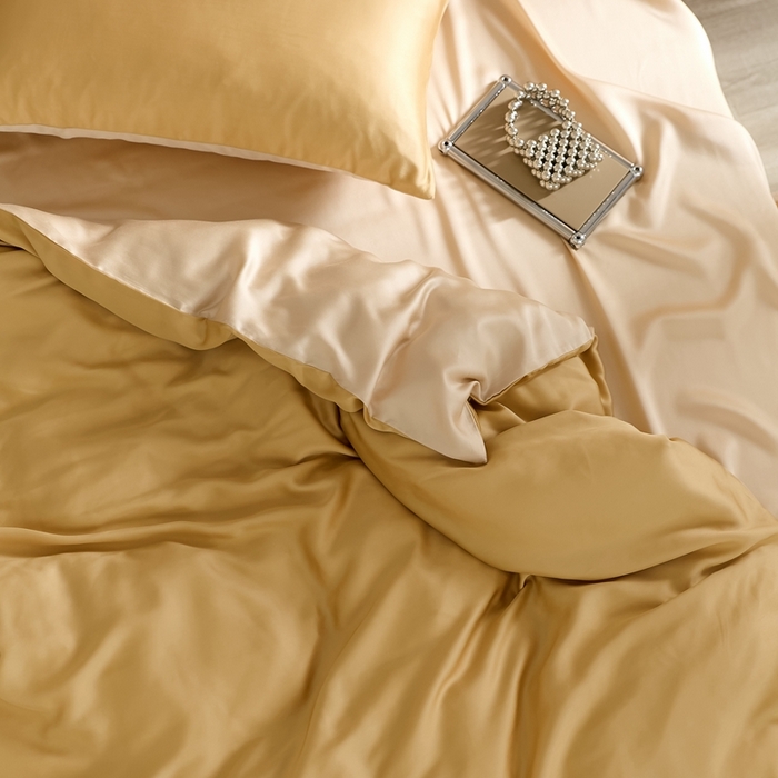91家纺网 家纺一手货源 找家纺 2025新款A类奥地利进口60支兰精天丝莱赛尔轻奢纯色双拼四件套 芝士黄-沙茶色