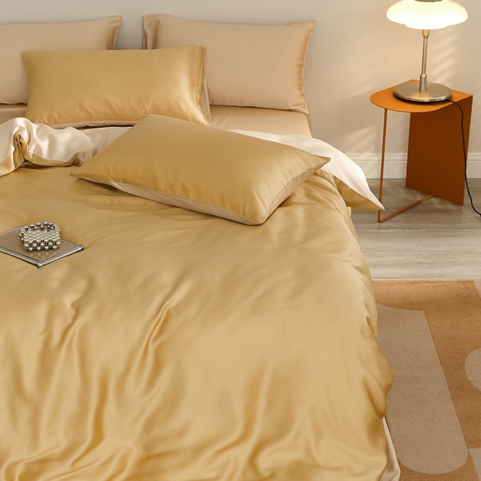 91家纺网 家纺一手货源 找家纺 2025新款A类奥地利进口60支兰精天丝莱赛尔轻奢纯色双拼四件套 芝士黄-沙茶色