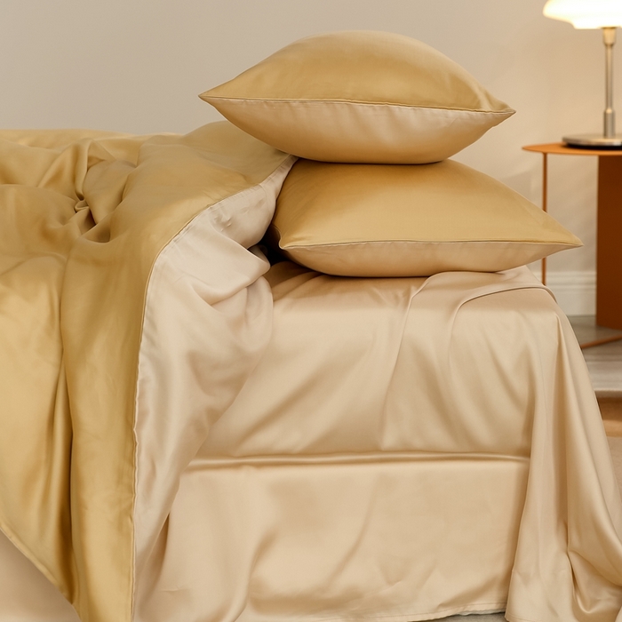 91家纺网 家纺一手货源 找家纺 2025新款A类奥地利进口60支兰精天丝莱赛尔轻奢纯色双拼四件套 芝士黄-沙茶色