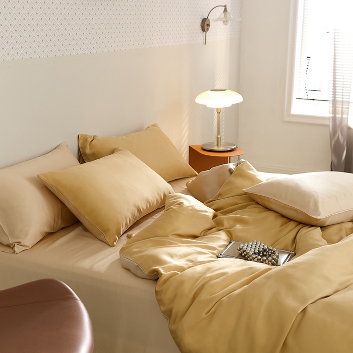 91家纺网 家纺一手货源 找家纺 2025新款A类奥地利进口60支兰精天丝莱赛尔轻奢纯色双拼四件套 芝士黄-沙茶色