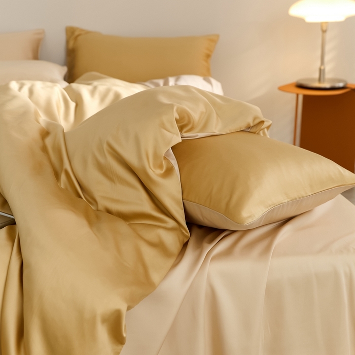 91家纺网 家纺一手货源 找家纺 2025新款A类奥地利进口60支兰精天丝莱赛尔轻奢纯色双拼四件套 芝士黄-沙茶色