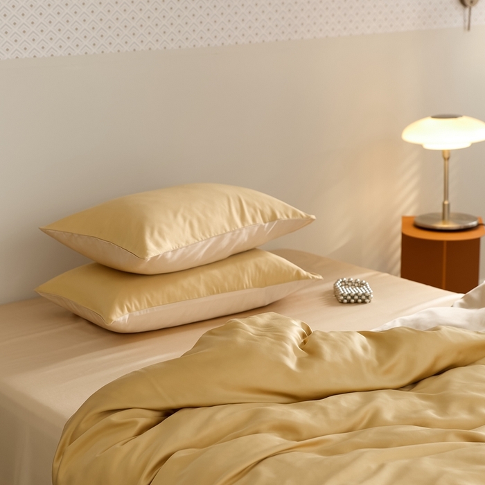 91家纺网 家纺一手货源 找家纺 2025新款A类奥地利进口60支兰精天丝莱赛尔轻奢纯色双拼四件套 芝士黄-沙茶色