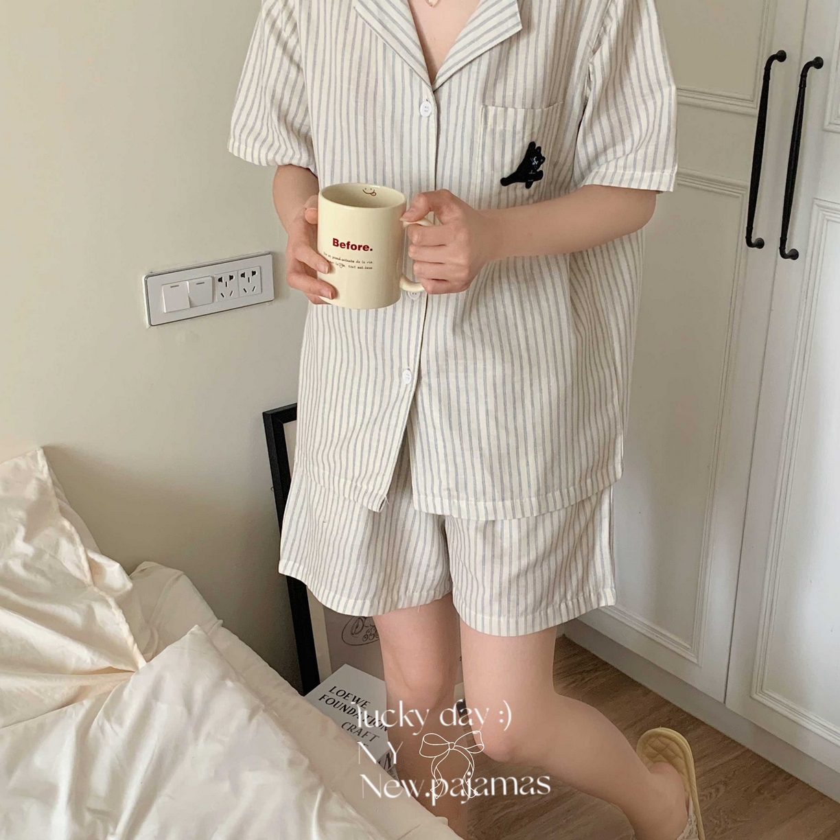 91家纺网 家纺一手货源 找家纺 （总）纽约生活 2025新款条纹黑猫短短家居服