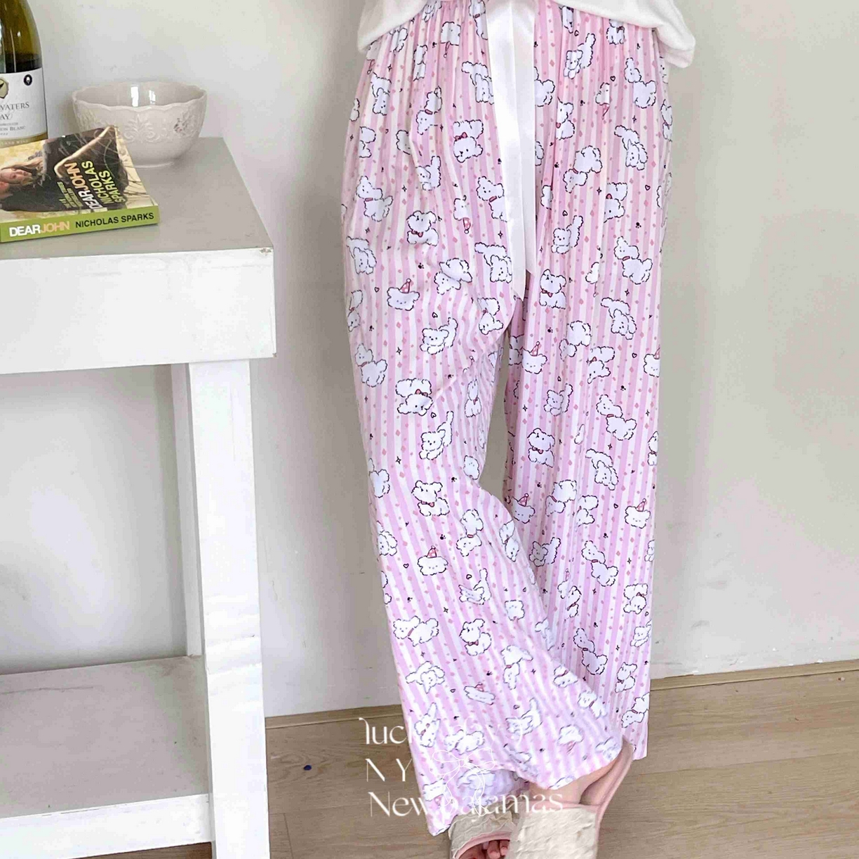 91家纺网 家纺一手货源 找家纺 纽约生活 2025新款人棉阔腿裤 粉条纹生日狗