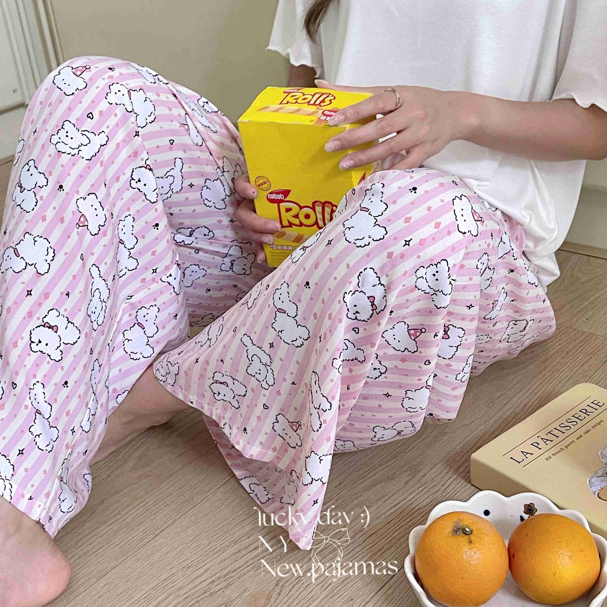 91家纺网 家纺一手货源 找家纺 纽约生活 2025新款人棉阔腿裤 粉条纹生日狗