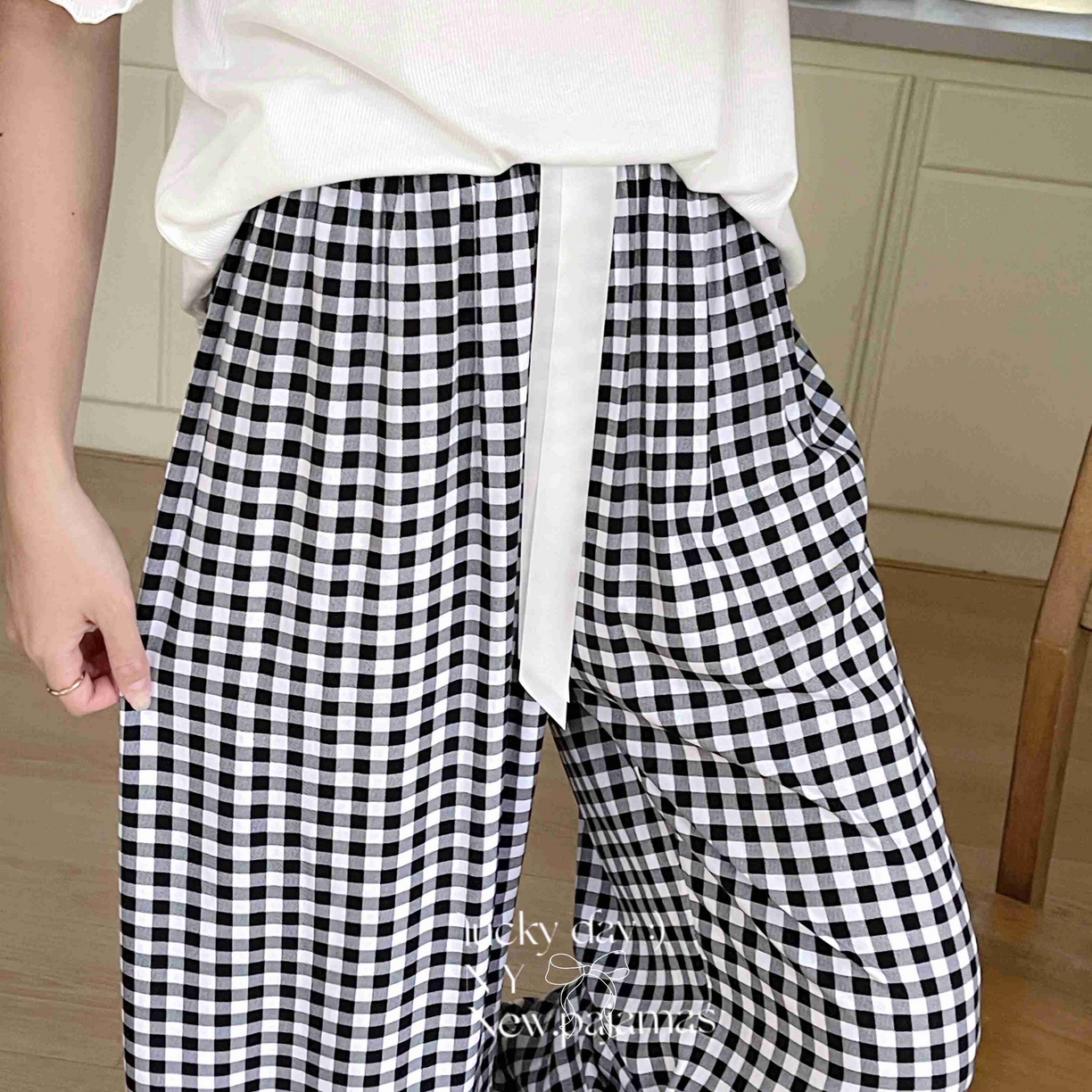 91家纺网 家纺一手货源 找家纺 纽约生活 2025新款人棉阔腿裤 黑白格