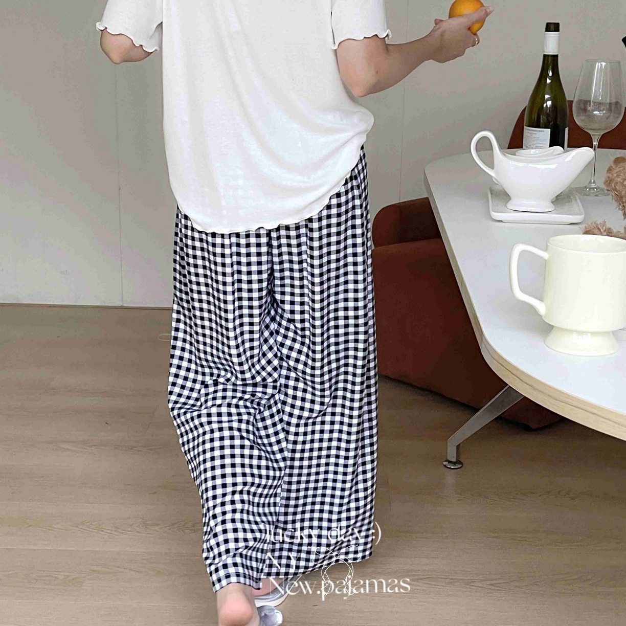 91家纺网 家纺一手货源 找家纺 纽约生活 2025新款人棉阔腿裤 黑白格