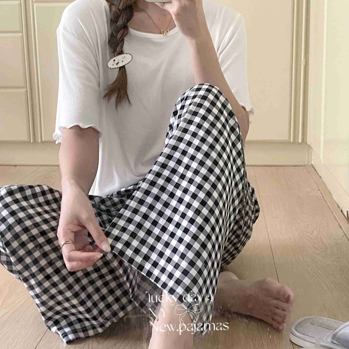 91家纺网 家纺一手货源 找家纺 纽约生活 2025新款人棉阔腿裤 黑白格