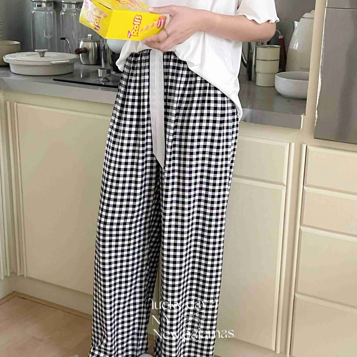 91家纺网 家纺一手货源 找家纺 纽约生活 2025新款人棉阔腿裤 黑白格