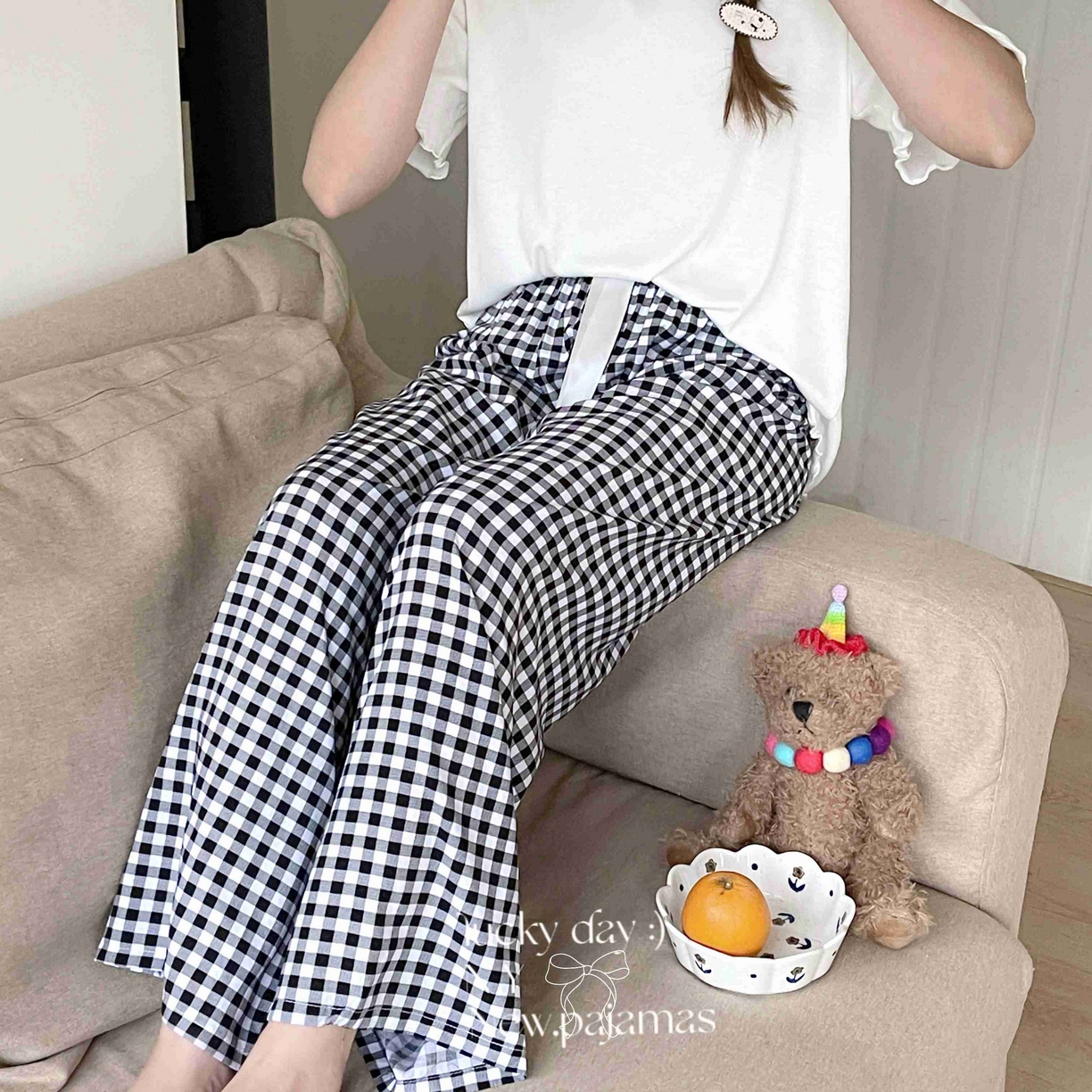 91家纺网 家纺一手货源 找家纺 纽约生活 2025新款人棉阔腿裤 黑白格