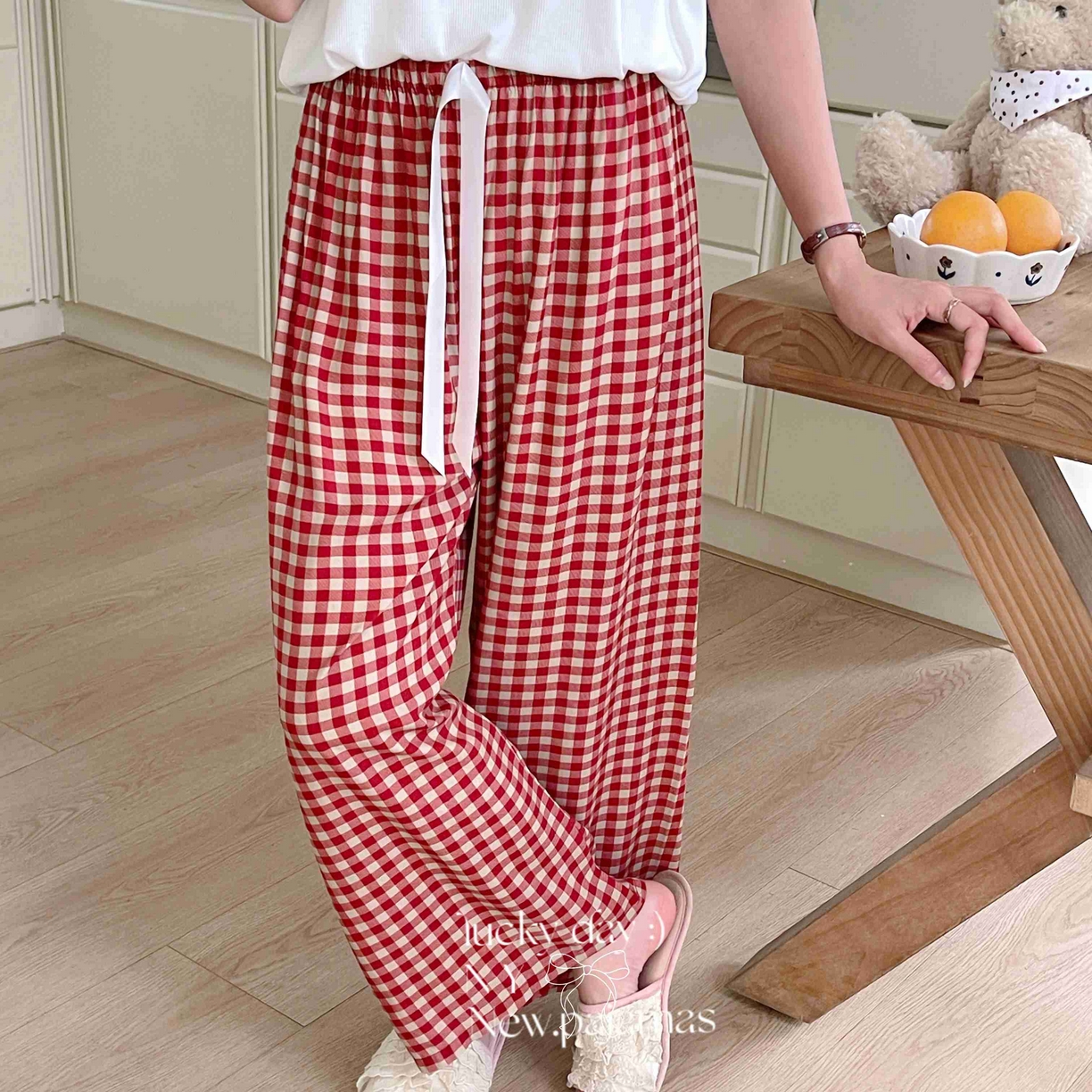 91家纺网 家纺一手货源 找家纺 纽约生活 2025新款人棉阔腿裤 红格