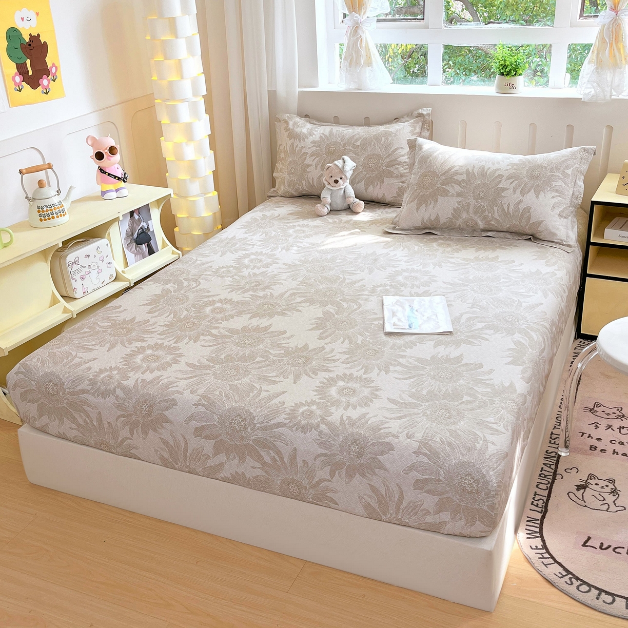 91家纺网 家纺一手货源 找家纺 大吉 2025新款全棉印花床笠 复古向日葵