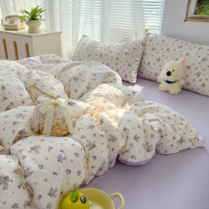 91家纺网 家纺一手货源 找家纺 竹合家纺 2025新品云感皱皱四件套跑量款小清新四件套 郁金香-紫