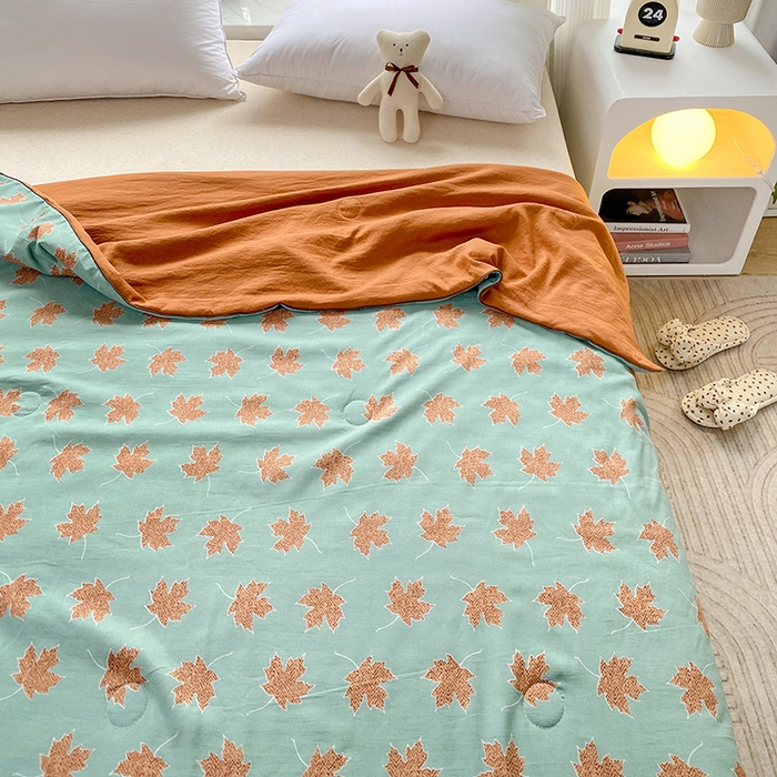 91家纺网 家纺一手货源 找家纺 畅畅家纺 2025新款A类水洗棉麻双层纱夏被四件套 枫叶