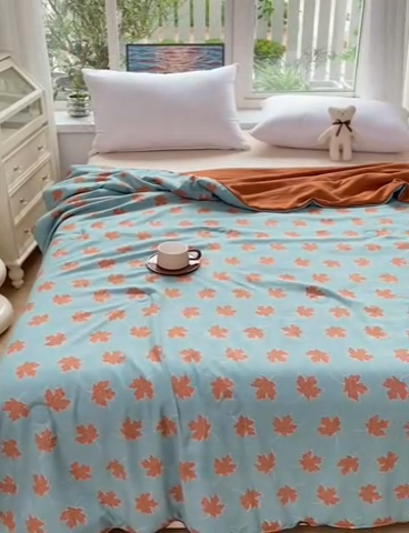 91家纺网 家纺一手货源 找家纺 畅畅家纺 2025新款A类水洗棉麻双层纱夏被四件套 枫叶