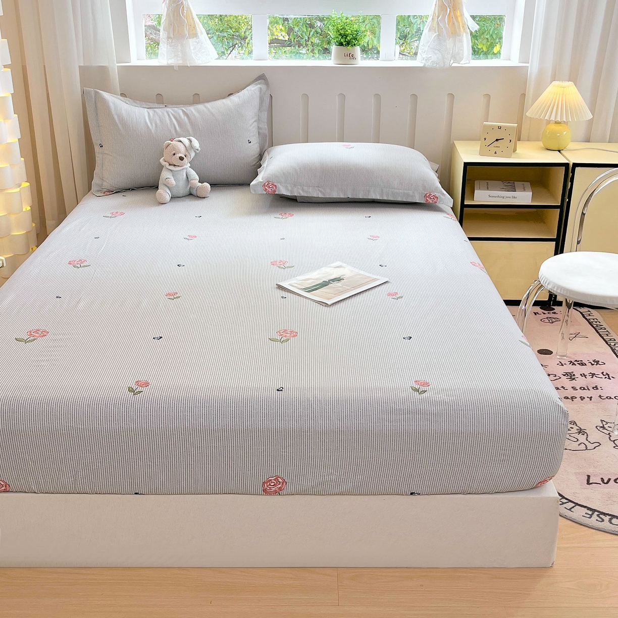 91家纺网 家纺一手货源 找家纺 大吉 2025新款全棉印花床笠 法南玫瑰