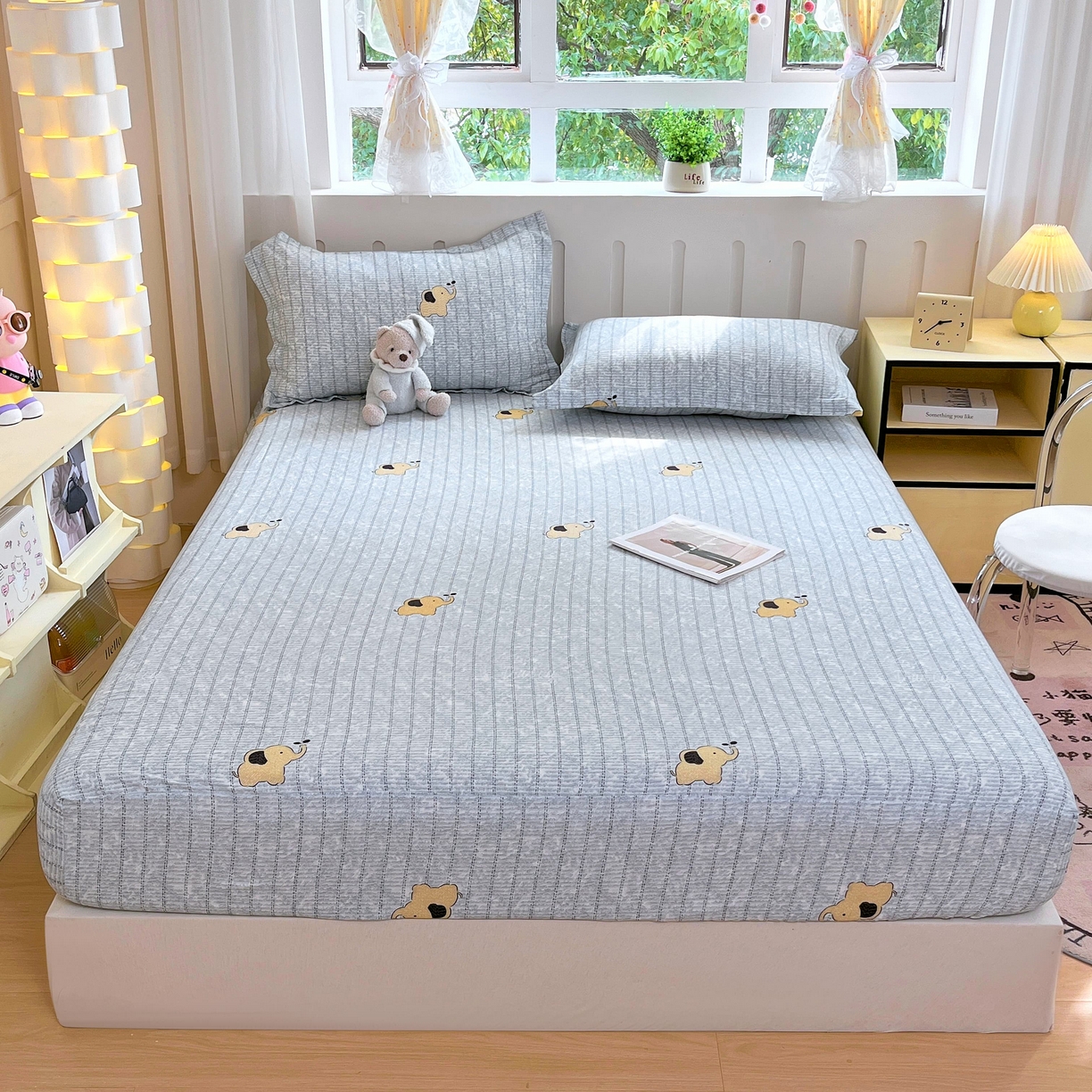 91家纺网 家纺一手货源 找家纺 大吉 2025新款全棉印花床笠 蜡笔小象