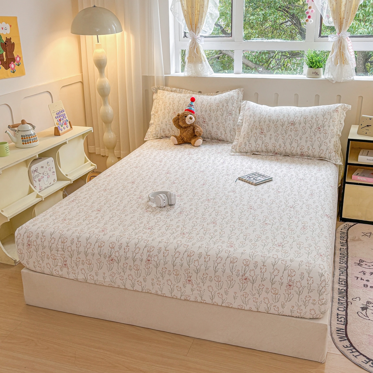 91家纺网 家纺一手货源 找家纺 大吉 2025新款全棉印花床笠 花园兔