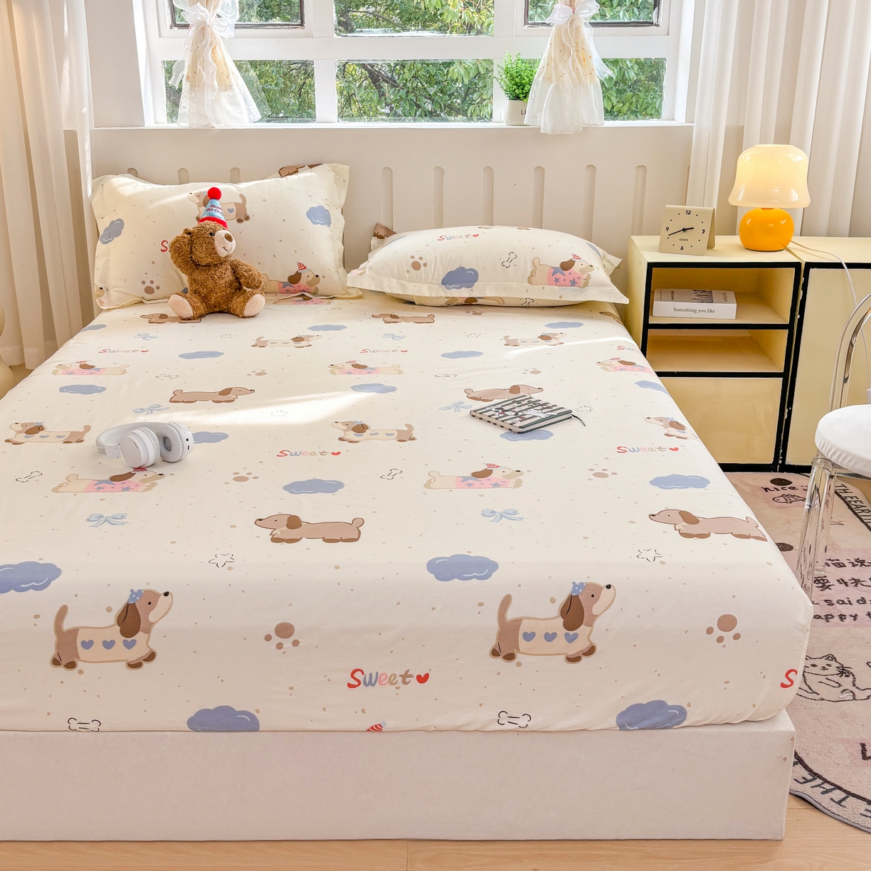 91家纺网 家纺一手货源 找家纺 大吉 2025新款全棉印花床笠 萌宠日记