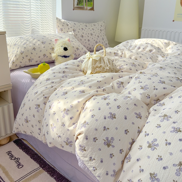 91家纺网 家纺一手货源 找家纺 竹合家纺 2025新品云感皱皱四件套跑量款小清新四件套 郁金香-紫