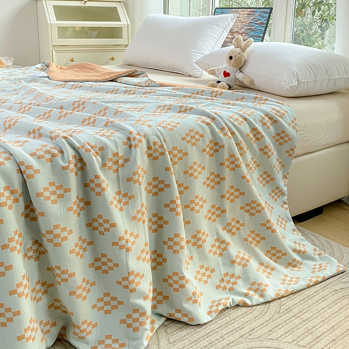 91家纺网 家纺一手货源 找家纺 畅畅家纺 2025新款A类水洗棉麻双层纱夏被四件套 长方格