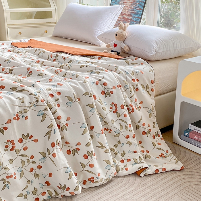 91家纺网 家纺一手货源 找家纺 畅畅家纺 2025新款A类水洗棉麻双层纱夏被四件套 红豆