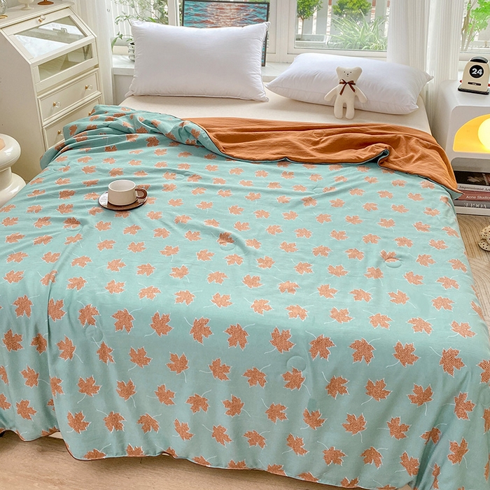 91家纺网 家纺一手货源 找家纺 畅畅家纺 2025新款A类水洗棉麻双层纱夏被四件套 枫叶