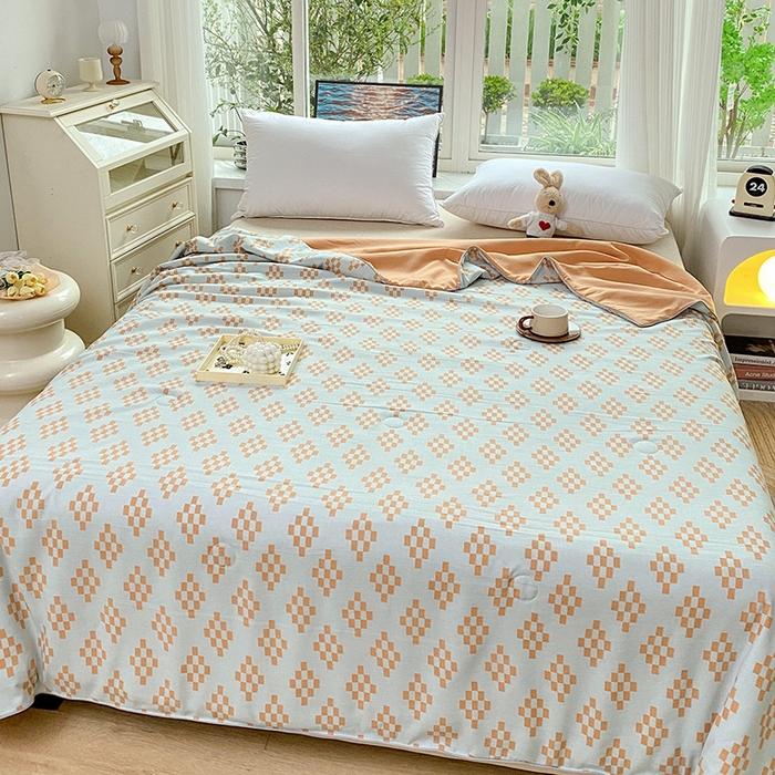 91家纺网 家纺一手货源 找家纺 畅畅家纺 2025新款A类水洗棉麻双层纱夏被四件套 长方格