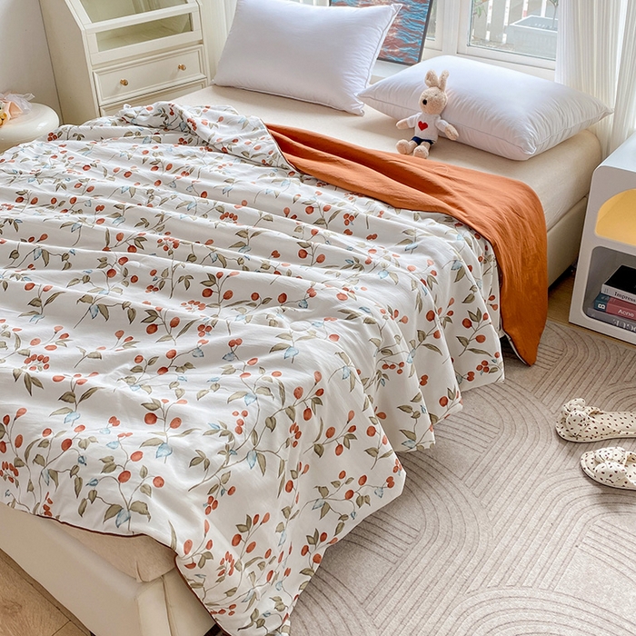 91家纺网 家纺一手货源 找家纺 畅畅家纺 2025新款A类水洗棉麻双层纱夏被四件套 红豆