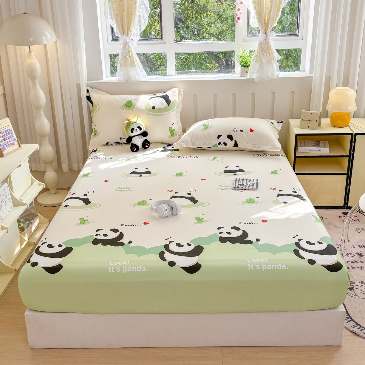 91家纺网 家纺一手货源 找家纺 大吉 2025新款全棉印花床笠 萌萌潘达