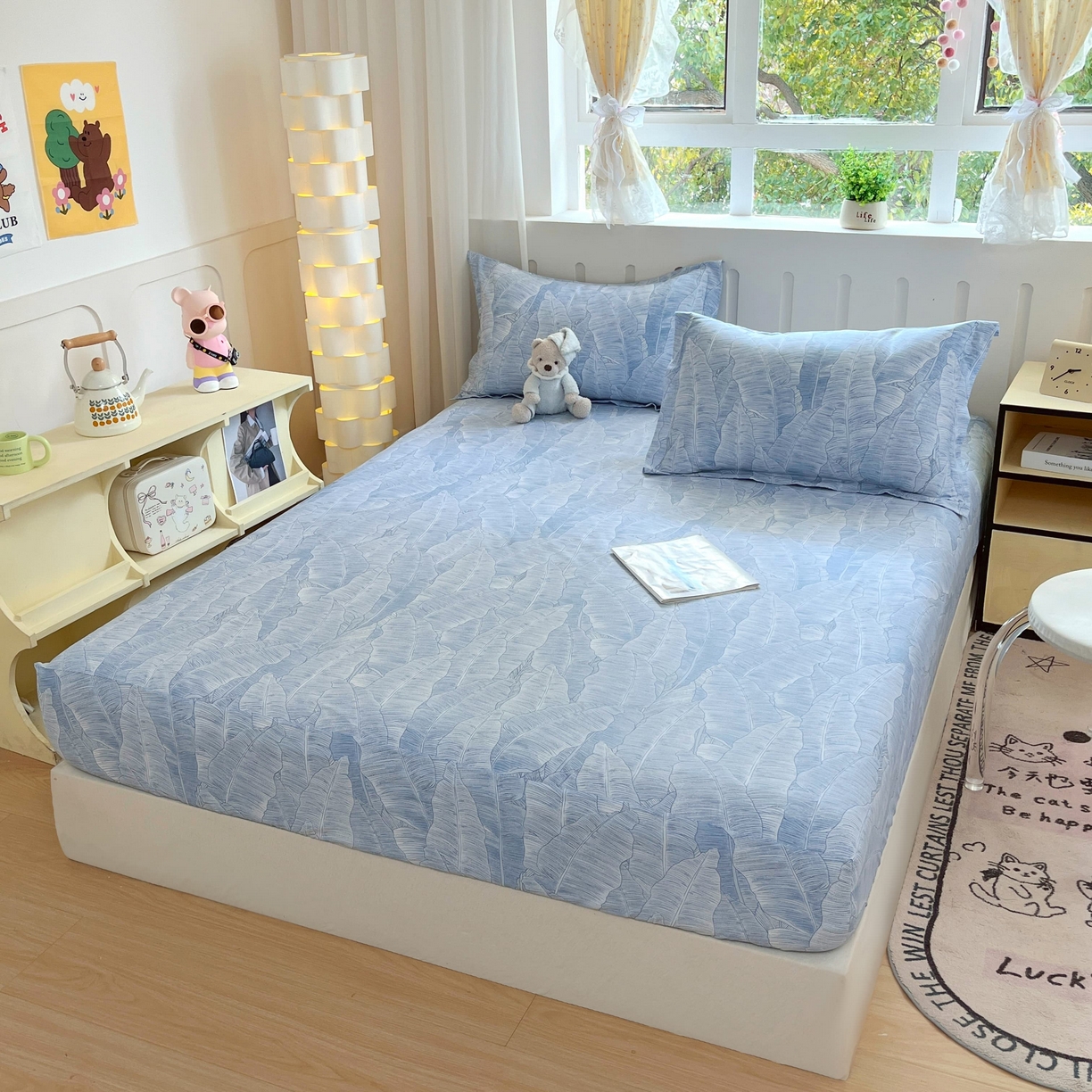 91家纺网 家纺一手货源 找家纺 大吉 2025新款全棉印花床笠 雨落芭蕉