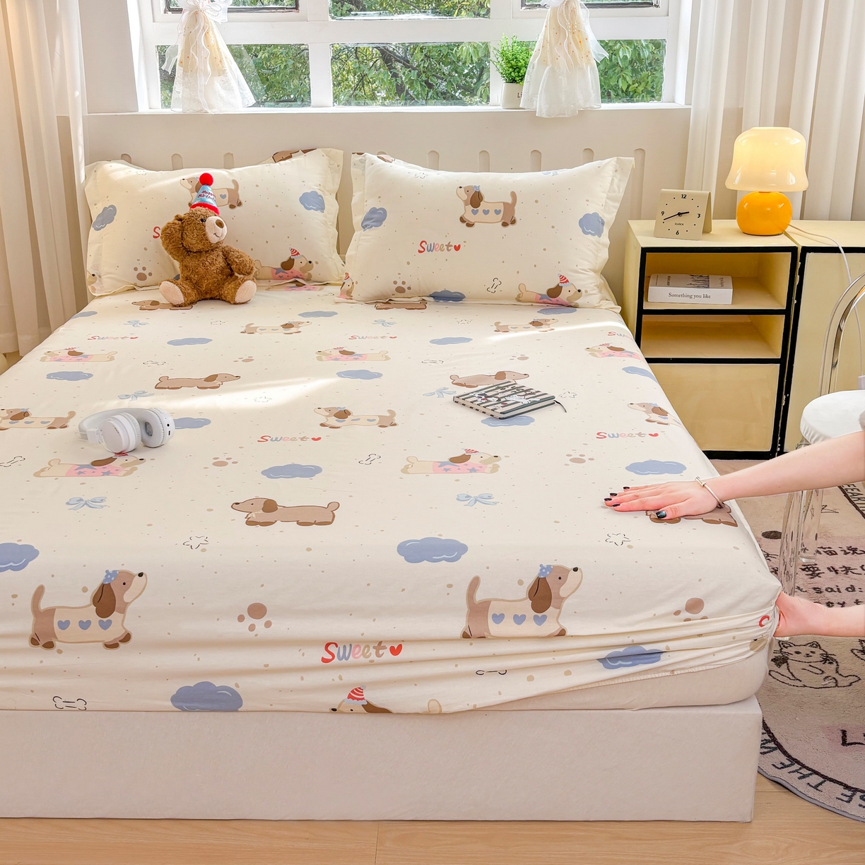 91家纺网 家纺一手货源 找家纺 大吉 2025新款全棉印花床笠 萌宠日记