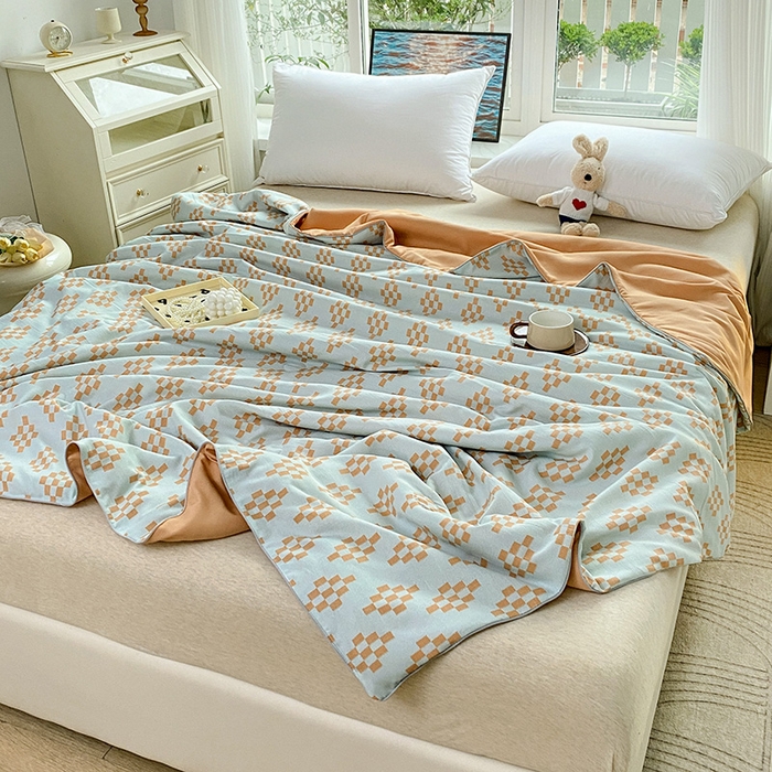 91家纺网 家纺一手货源 找家纺 畅畅家纺 2025新款A类水洗棉麻双层纱夏被四件套 长方格