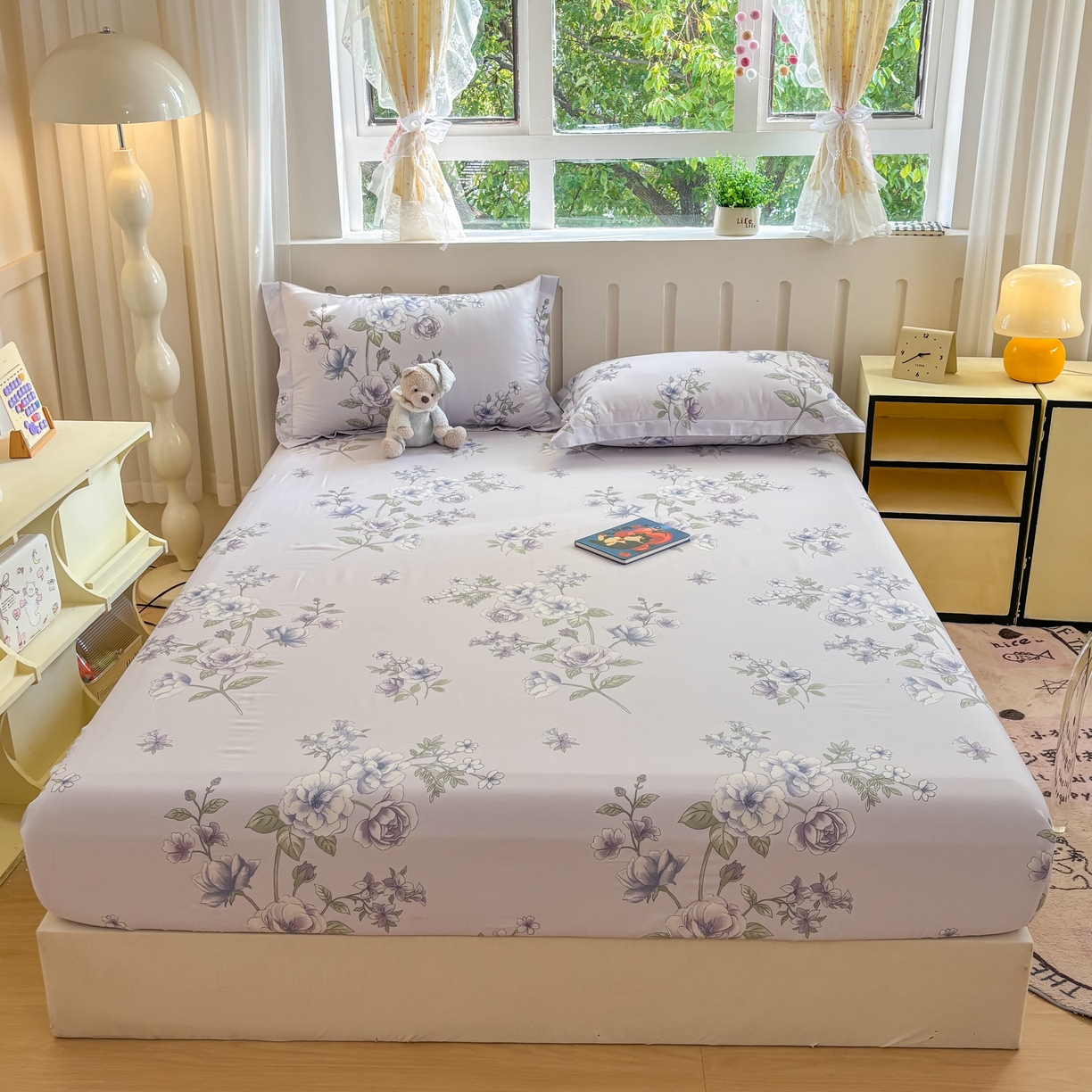 91家纺网 家纺一手货源 找家纺 大吉 2025新款全棉印花床笠 紫韵