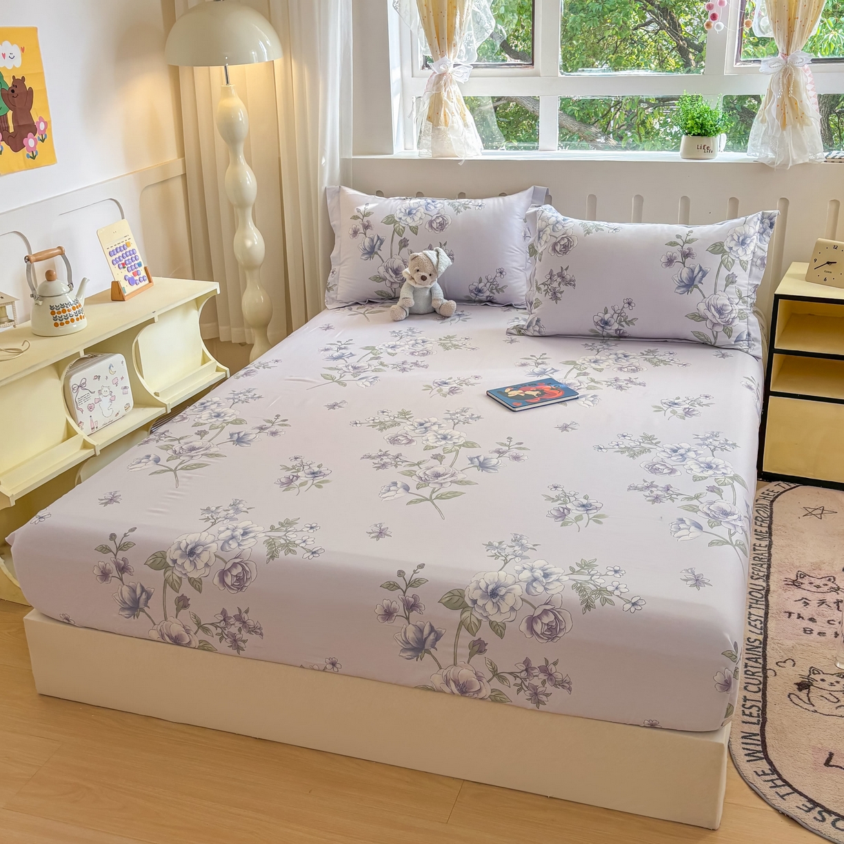 91家纺网 家纺一手货源 找家纺 大吉 2025新款全棉印花床笠 紫韵