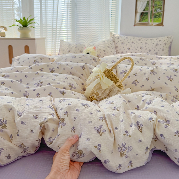 91家纺网 家纺一手货源 找家纺 竹合家纺 2025新品云感皱皱四件套跑量款小清新四件套 郁金香-紫