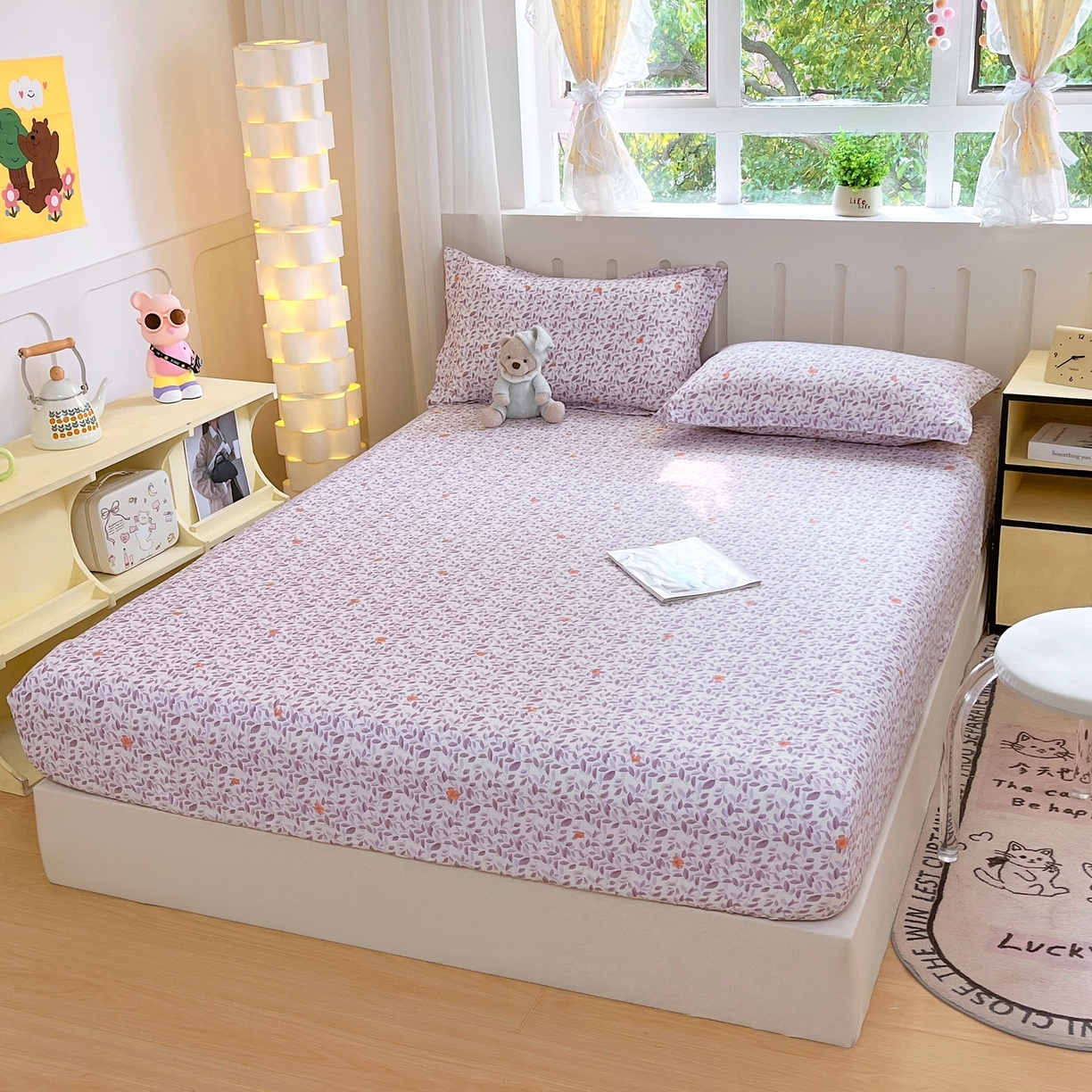 91家纺网 家纺一手货源 找家纺 大吉 2025新款全棉印花床笠 紫薰