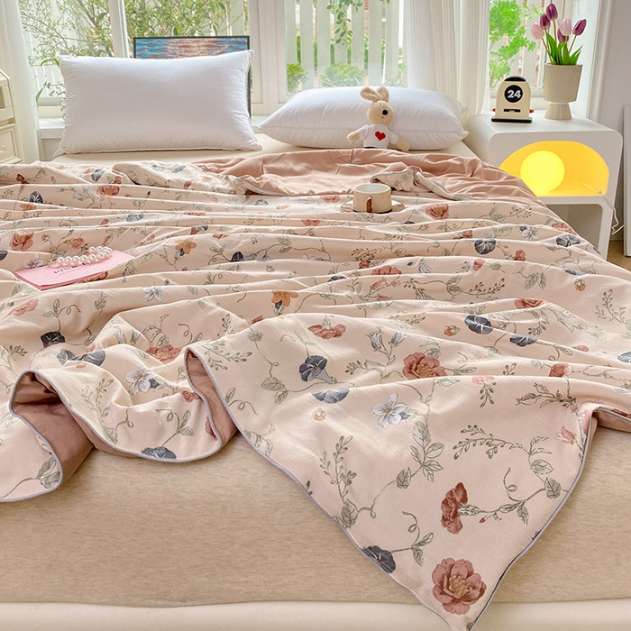 91家纺网 家纺一手货源 找家纺 畅畅家纺 2025新款A类水洗棉麻双层纱夏被四件套 夕颜