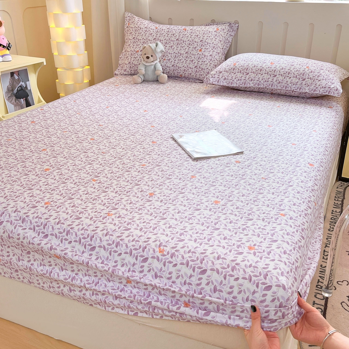 91家纺网 家纺一手货源 找家纺 大吉 2025新款全棉印花床笠 紫薰