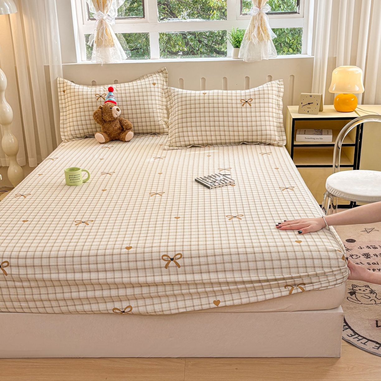 91家纺网 家纺一手货源 找家纺 大吉 2025新款全棉印花床笠 小欢喜